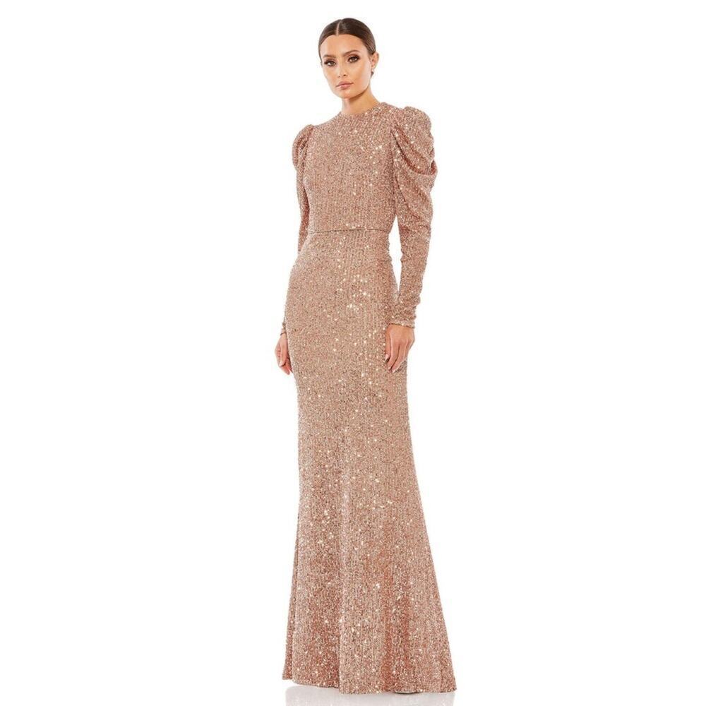Mac Duggal SEQUINED HIGH NECK PUFF LONG SLEEVE COLUMN GOWN Gold 8 - Picture 1 of 7